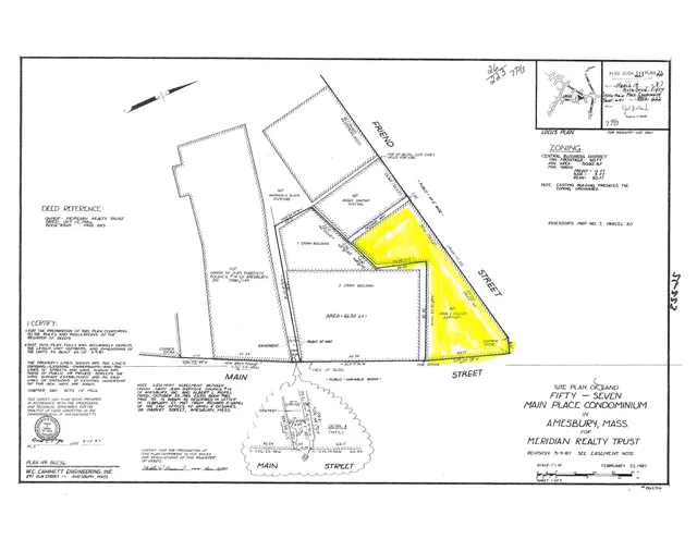 Black-and-white site plan/survey of 57 Main Place Condominium in Amesbury, showing lot boundaries, building footprints, easements, and street frontage along Main Street and Street. A portion of the subject parcel is highlighted in yellow.
