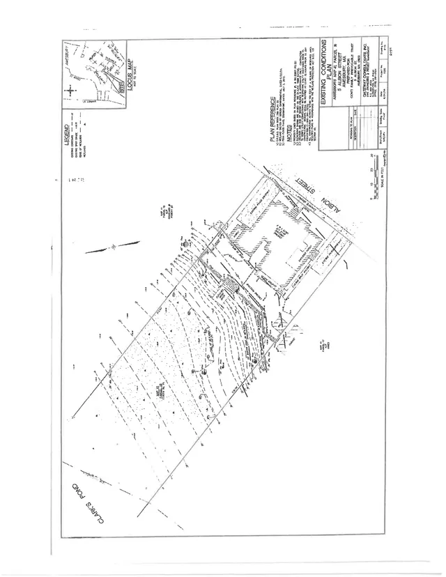 Black-and-white existing conditions/site plan for 5 Albion St showing the parcel layout, property boundaries, abutting streets, and a small locus map inset.