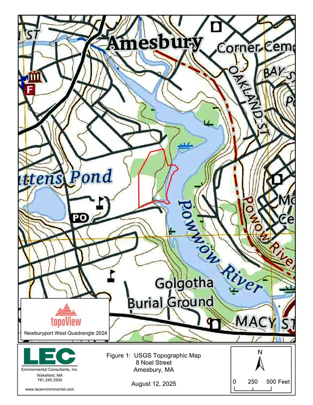 USGS topographic map of the 8 Noel Street site in Amesbury, Massachusetts, with the project area outlined in red near Powow River and nearby roads and landmarks labeled. The sheet includes a north arrow, scale bar, and consultant/title block at the bottom.