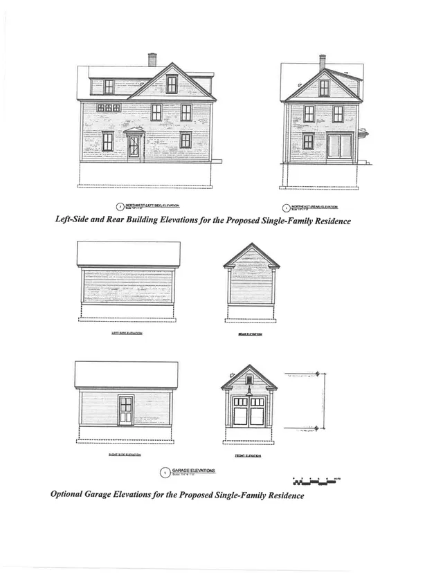 Architectural elevation sheet showing the proposed single-family residence and optional garage, with left-side, rear, right-side, and front views drawn in linework. The page presents the building facades and roof forms from multiple angles.