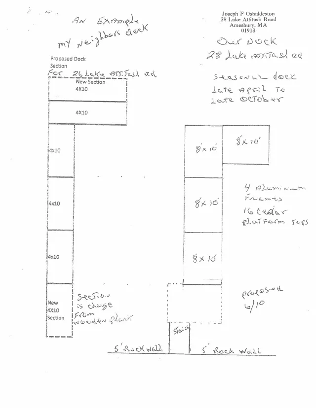 Hand-drawn dock section details showing the proposed dock configuration, with labeled 4x10 and 8x10 sections, aluminum frames, ladder, platform, and back wall dimensions for 28 Lake Attitash Road.
