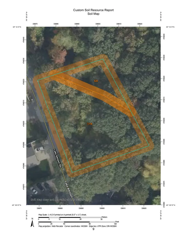Custom Soil Resource Report soil map showing the project site at 29 Lake Attitash Road over an aerial base map, with soil units and parcel boundaries outlined and labeled 6A and 31A. Lake Attitash Rd is labeled along the western edge, with north arrow, coordinates, and scale bar at the bottom.