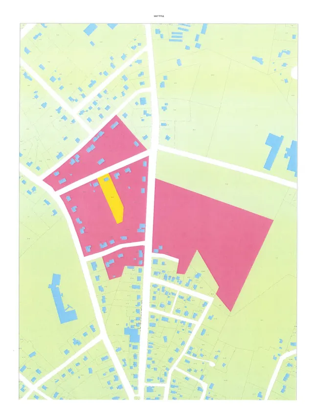 A parcel map showing surrounding lots and roads, with the project area highlighted in pink and a smaller highlighted parcel in yellow near the center. Blue building footprints are scattered across the neighborhood, and the sheet is labeled only with a generic "MAP TITLE" at the top.