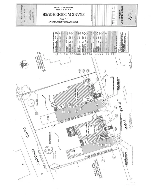 Landscape plan for 14 Maple Street showing the proposed house layout, driveway, garage, walkways, planting areas, and street frontage along Maple Street and Whittier Court. The sheet also includes a plant schedule and title block for the proposed landscaping plan.