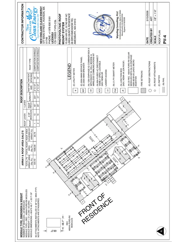 Stamped roof plan for the proposed photovoltaic system at 28 Birchmeadow Rd, showing the layout of solar modules, roof dimensions, setbacks, and equipment locations on the front and rear residence roof planes.
