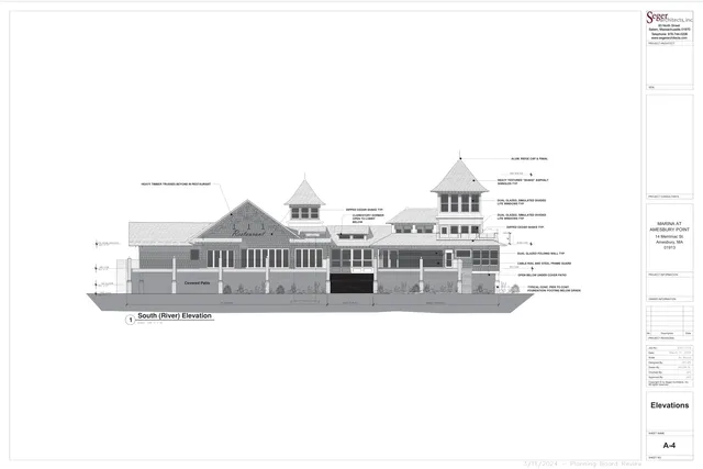 South (river) elevation of the proposed Marina at Amesbury Point project, showing the building façade with roof forms, windows, covered patio, and material callouts. The sheet presents a technical architectural elevation drawing rather than a perspective rendering.