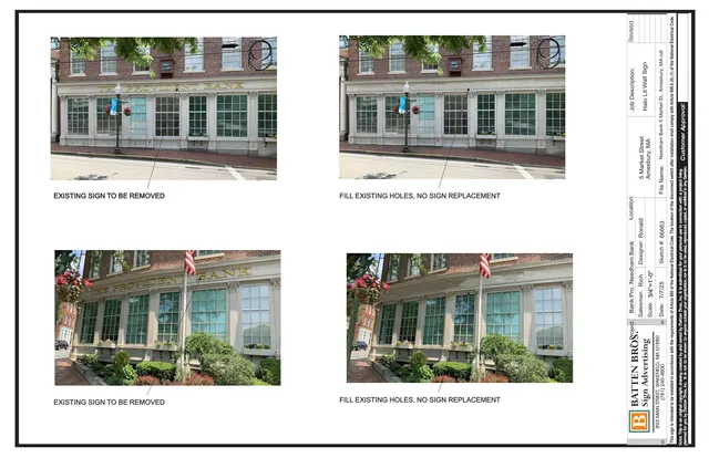 A sign permit presentation page showing four existing-condition photos of the bank facade at 5 Market Street, with callouts indicating the existing sign to be removed and holes to be filled with no replacement sign. The views show the front and corner elevations of the building.