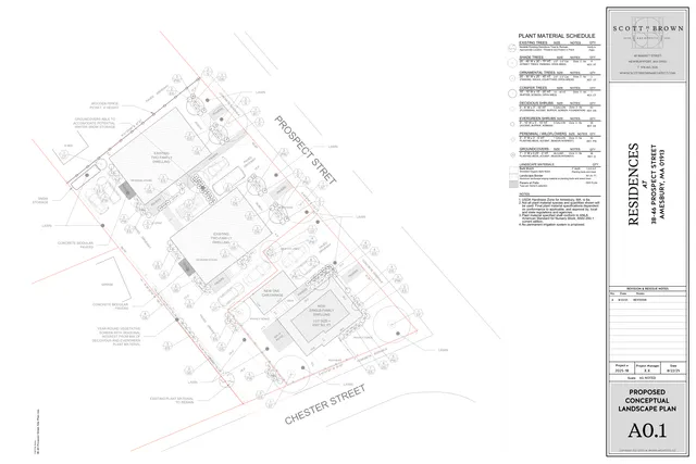 Proposed conceptual landscape plan for 38-46 Prospect Street, showing the existing two-family dwellings, a new single-family dwelling and one-car garage, driveway and paving layouts, and planting/landscape materials. The sheet is oriented diagonally and includes Prospect Street and Chester Street frontage with plant material schedules and title block on the right.