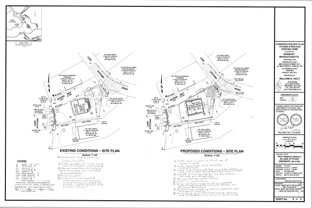 Sheet showing side-by-side existing conditions and proposed conditions site plans for the 4 Lake Attitash Road property, including lot lines, setbacks, wetlands/buffer areas, and proposed house/replacement layout. A title block and handwritten construction notes run along the right and bottom margins.