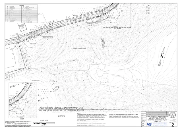 Existing conditions site plan for 12-14 South Hunt Road in Amesbury, showing property boundaries, topography contours, wetlands, road frontage, and utility/feature annotations with inset views and a legend. It appears to be a civil survey sheet rather than a rendering of the proposed project.