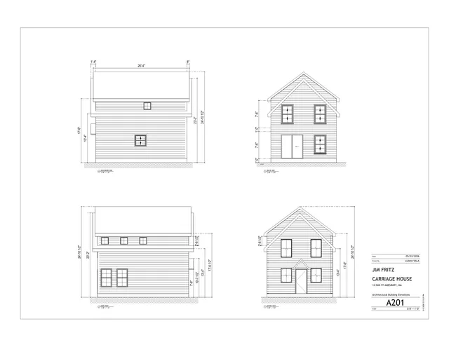 Architectural elevation sheet showing four exterior views of the proposed carriage house at 12 Oak Street, including the neighbor side, back side, side view, and entry way. The sheet includes dimensioned line drawings and a title block labeled A201.