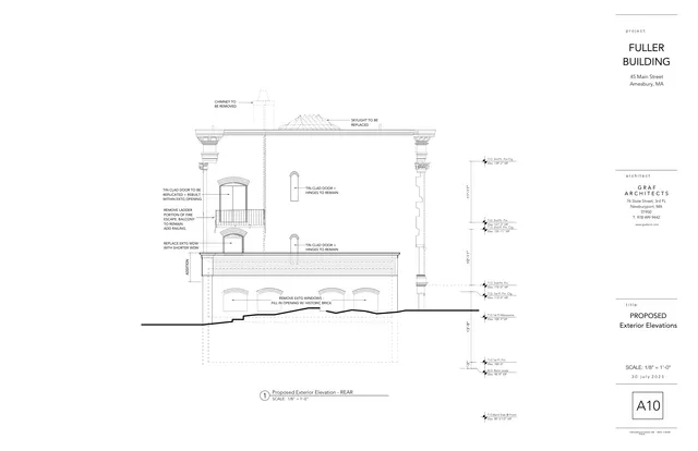 Black-and-white architectural drawing showing the proposed rear exterior elevation of the Fuller Building at 45 Main Street, Amesbury, MA. The sheet notes roof and facade changes such as chimney removal, skylight replacement, balcony railing changes, and window modifications.