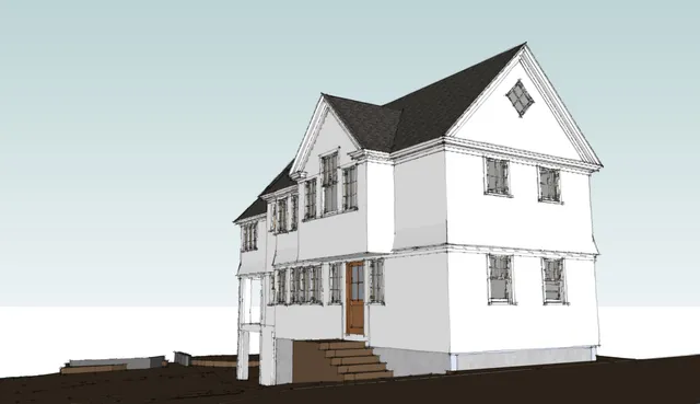 Full-color architectural rendering of the proposed house, shown from a front-right exterior perspective. The image shows a two-story white residence with dark gabled roofs, a front entry stair, and multiple windows against a simple sky background.