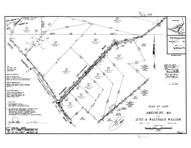 Black-and-white plan of land in Amesbury, MA, showing parcel boundaries, lot dimensions, road frontage, easements, and labeled lots for the Lutz & Waltraud Wallem property. Includes a small locus map and survey/recording notes.