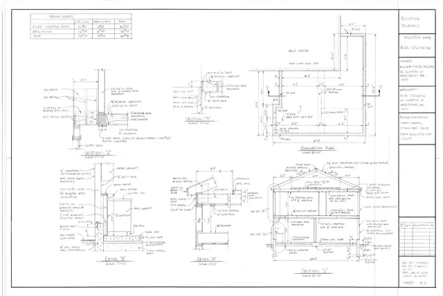 Technical building section sheet showing multiple construction sections and details, including a foundation plan, wall/roof sections, and structural connection details for the proposed addition or renovation.