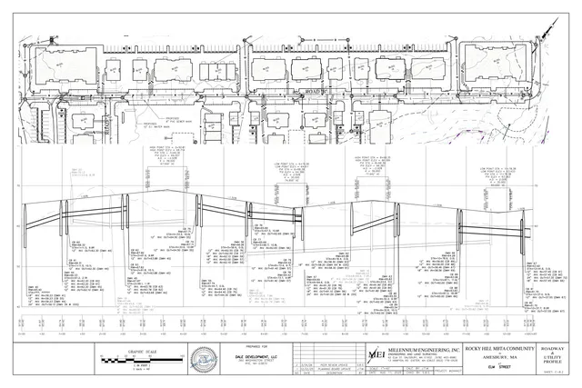 Civil roadway and utility profile sheet for Elm Street showing the plan view of the proposed roadway and building layout at the top and a longitudinal utility/profile diagram across the bottom. The sheet includes roadway, drainage, sewer, water, and grading information for the project corridor.