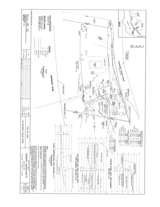 Black-and-white plan of land for 54 Pleasant Valley Road showing the lot layout, building footprint, driveway, floodplain boundaries, and several flood area displacement sections. Insets at the right show section diagrams and related site measurements.