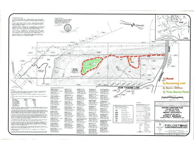 Existing conditions plan for Tax Map Lot 83-24 at 131 Haverhill Road in Amesbury, showing the site boundary, surrounding roads, contours, wetland areas, and proposed highlighted areas for road, retaining wall, barn/office, and tree burial plots.