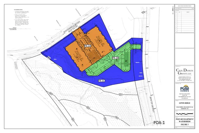 Post-development watershed plan showing the 28 Haverhill Road / Lewis Ridge project footprint, building areas, drainage subcatchments, and flow paths over a contour base map. The sheet includes colored watershed areas labeled PR-1A, PR-1B, and PR-1C, along with site and roadway context.