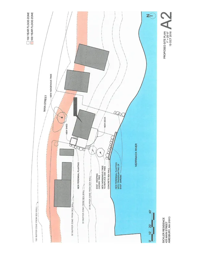 Proposed site plan for the Sicker residence at 425 Main Street in Amesbury, showing the house and related structures, new deck and shed, planting areas, sea wall, flood zone boundaries, and the Merrimack River shoreline. The plan is rotated and includes a scale bar and north arrow.