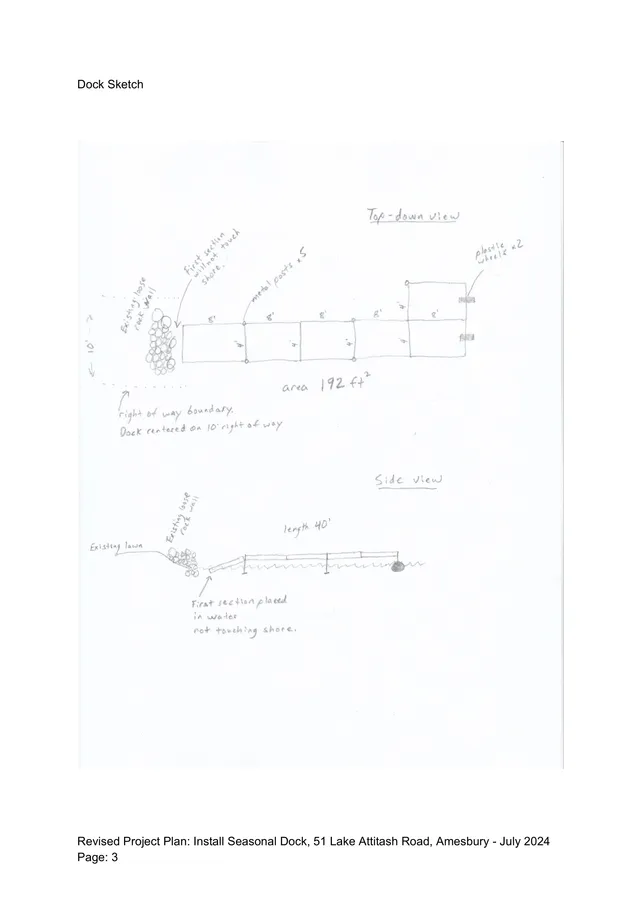 Hand-drawn dock sketch showing a top-down view and a side view of the proposed seasonal dock, with dimensions, shoreline/right-of-way notes, and dock components labeled.