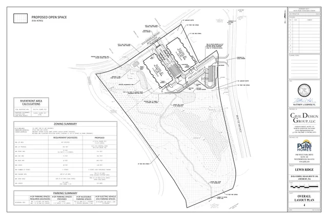 Overall layout plan for the Lewis Ridge project at 28 Haverhill Road (Route 110), showing the site boundary, proposed buildings, private drives, parking, open space, landscaping, and related zoning/parking summaries.