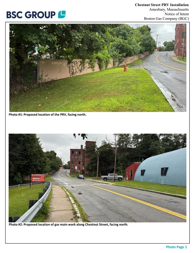 A photo page with two existing-site views along Chestnut Street in Amesbury: the top image shows the proposed PRV location facing north beside a grassy verge and fence line, and the lower image shows the roadway and surrounding buildings facing north along the project area.