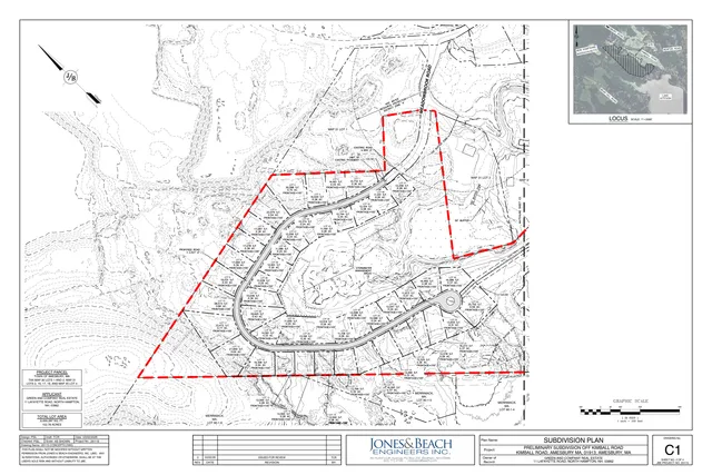 Subdivision plan showing the proposed residential lots, road layout, contours, wetland/resource buffer areas, and the project parcel boundary for the Meadowbrook Landing/Kimball Road area. An inset locus map appears in the upper right.