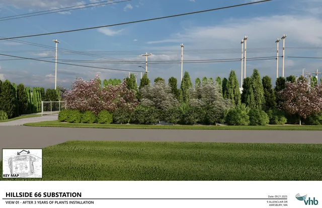 Full-color landscape rendering of the Hillside 66 Substation after three years of plant growth, viewed from across the road with dense screening plantings, utility poles, and overhead wires visible behind the vegetation. A small key map inset appears in the lower left corner, and the title block identifies the view as "View 01" for 9 Alenclair Drive in Amesbury.