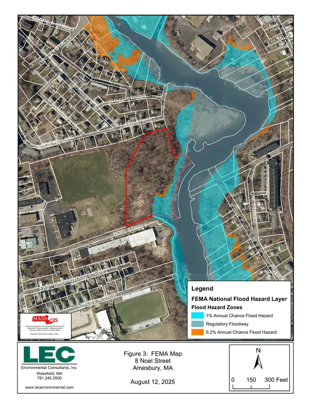 A FEMA flood hazard map for 8 Noel Street in Amesbury, MA, shown over aerial imagery with parcel lines, street names, flood zone shading, a north arrow, and a scale bar. The project site is outlined in red near Noel Street.