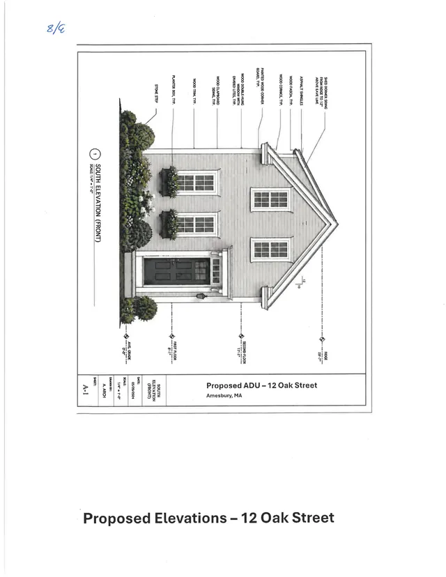 Colored front elevation rendering of the proposed house at 12 Oak Street, showing the south-facing facade with a gabled roof, front door porch, windows, landscaping, and material callouts.