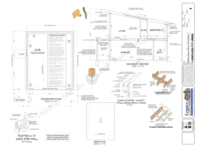 A technical sheet showing the foundation plan, roof plan, and main body section for the proposed garage/addition, along with construction details such as footing, rafter, and cornice connections.