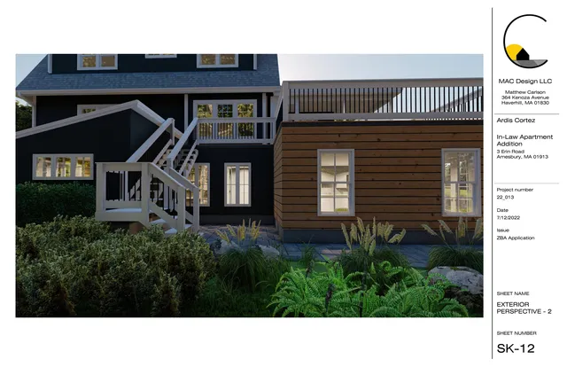 Full-color exterior architectural rendering of the proposed in-law apartment addition at 3 Erin Road, shown from a rear/side perspective with the house, deck, stairs, windows, and landscaped foreground visible.