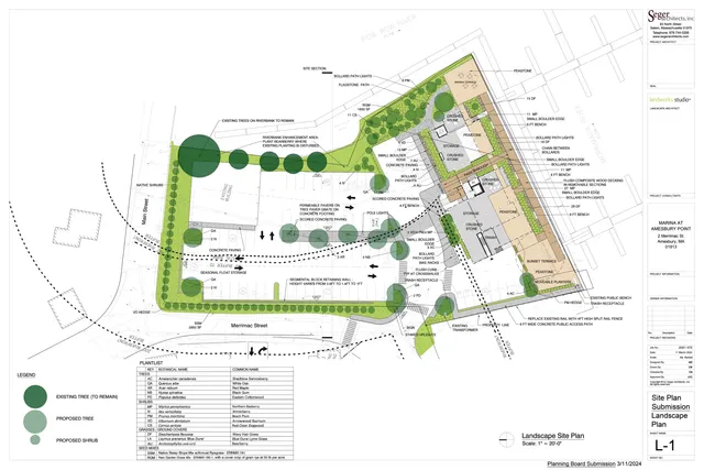 Landscape site plan for Marina at Amesbury Point / 2 Merrimac St showing the proposed waterfront layout, planting areas, paths, terraces, seating, lighting, and retaining edges around the building and riverfront. The plan includes labeled circulation routes, plant legend, and site boundary/context lines.