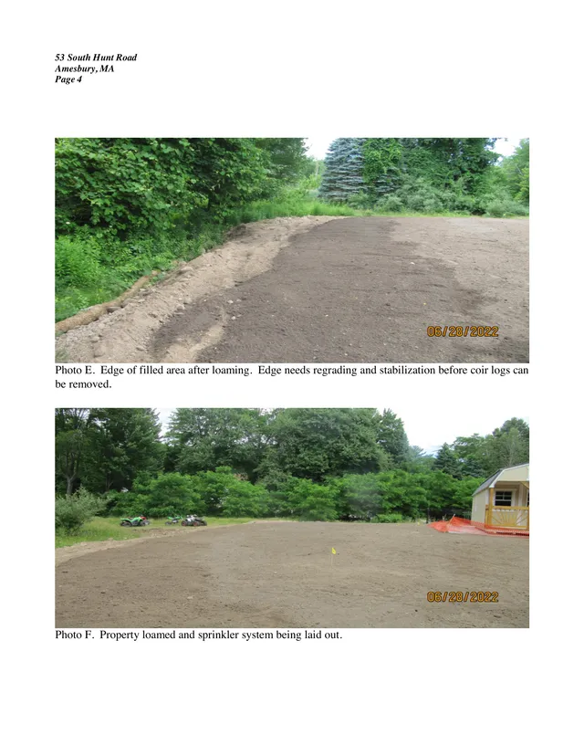 Document page with two site-condition photos of a newly loamed and graded area at 53 South Hunt Road. The top photo shows the edge of the filled area needing regrading and stabilization; the bottom photo shows the property loamed with a sprinkler system being laid out, with wooded surroundings and part of a small structure visible at right.