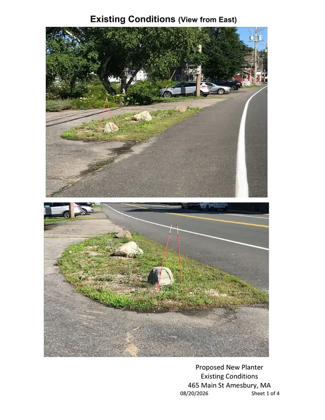 Two existing-conditions street-level photos showing the roadside area at 465 Main Street in Amesbury, including the curb, pavement, utility poles, parked cars, trees, and a small planted island with survey stakes. The page is titled "Existing Conditions (View from East)" and identifies the location as the proposed new planter area.