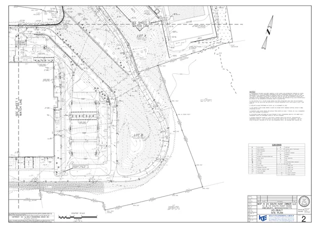 Detailed civil/site plan for the South Hunt Road project showing lot boundaries, contours, parking areas, proposed improvements, utilities, wetlands, and match lines to adjacent sheets. Includes a legend, notes, north arrow, and title block in the lower right.