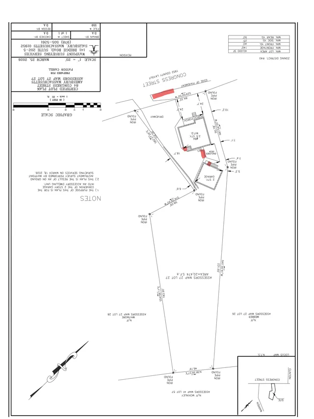 A site plan / survey drawing showing the 84 Congress Street parcel boundaries, existing building footprints, easements, and labeled neighboring streets and properties. The sheet appears to highlight a few waste-management or service locations in red near the buildings.