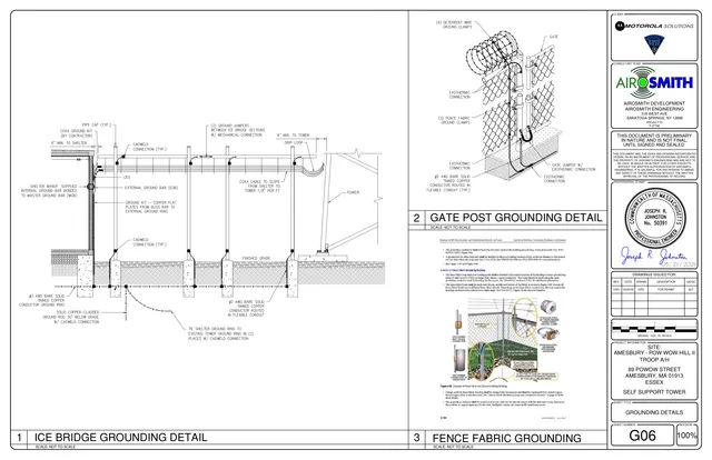 Technical grounding detail sheet for a self-support tower site, showing ice bridge grounding detail, gate post grounding detail, and fence fabric grounding detail with labeled connection methods and conductor routing. The sheet includes the project title block for 89 Powow Street in Amesbury, MA.
