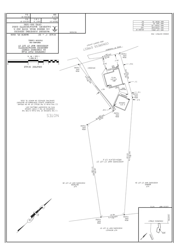 A black-and-white survey/site plan for 84 Congress Street showing the property boundaries, neighboring lots, existing structures, and setback/dimension notes. The sheet also includes a small locator inset and title block information.