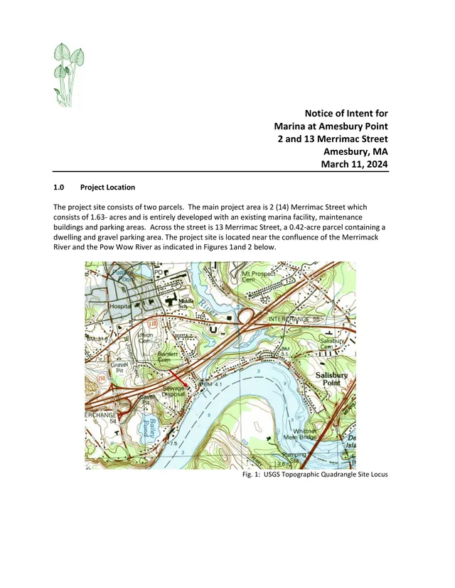 Cover page for a Notice of Intent titled "Marina at Amesbury Point, 2 and 13 Merrimac Street, Amesbury, MA" dated March 11, 2024. The page includes a USGS topographic quadrangle site locus map showing the project area near the Merrimack River and Interstate 95/Route 110 interchange.