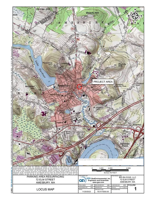 USGS-style locus map of Amesbury, MA showing the project area at 72 Elm Street marked with a red circle and labeled callout. The map includes surrounding roads, contours, waterways, and a north arrow, with the project location highlighted in the city center.