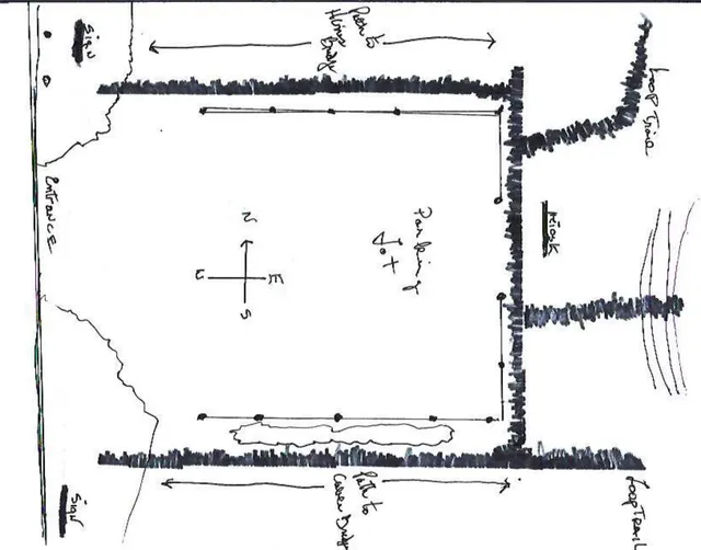 Hand-drawn concept site plan showing a parking lot in the center, with loop trails around the perimeter, a kiosk near the top, and signs and an entrance near the bottom. Notes and arrows indicate paths to nearby roads and a cedar swamp area.
