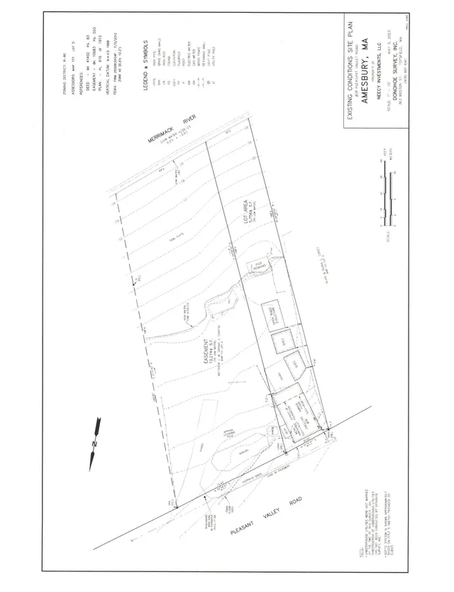Existing conditions site plan for 58 Pleasant Valley Road in Amesbury, showing the property boundary, contours, river frontage, easement area, existing structures, driveway/paving, and nearby Merrimack River context.