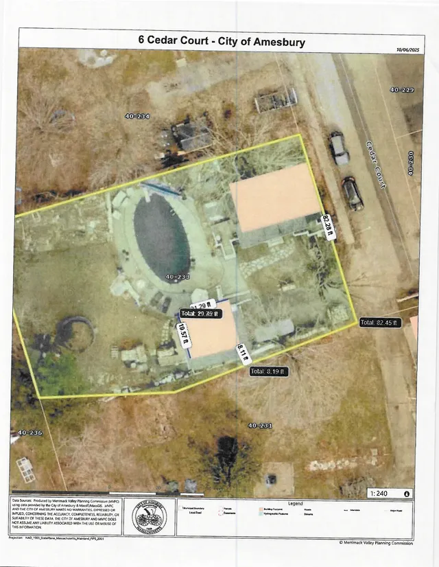 Oblique aerial orthophoto of the 6 Cedar Court site showing the parcel boundary outlined in yellow over existing buildings, yard areas, and neighboring lots along Cedar Court. The image includes parcel labels, measurements, and a north/south neighborhood context from above.