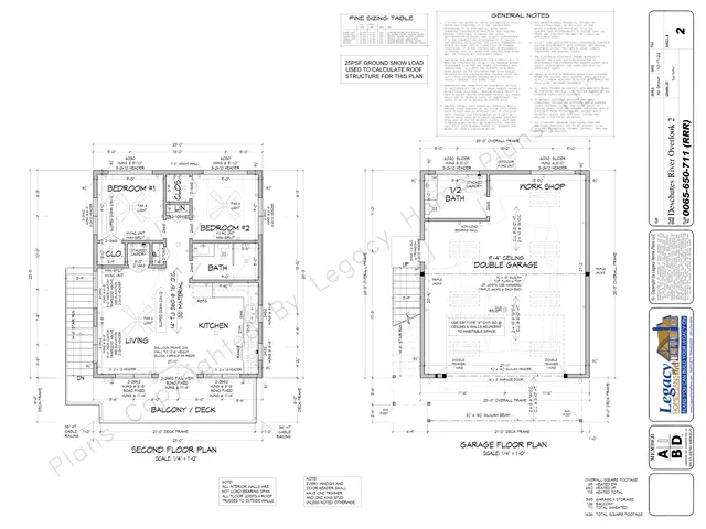 Architectural plan sheet showing the second floor plan and garage floor plan for the proposed building, with labeled rooms, dimensions, and deck/balcony areas. Includes general notes and structural sizing information along the top and title block details along the right edge.