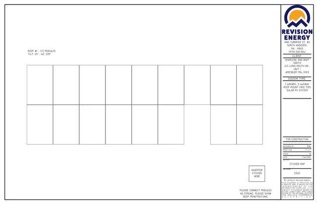 Roof layout sheet showing the proposed solar PV module arrangement on Roof #1, with 17 modules noted at a 25° tilt and 228° azimuth. The title block identifies this as a sticker map for the 212 Lions Mouth Rd project.