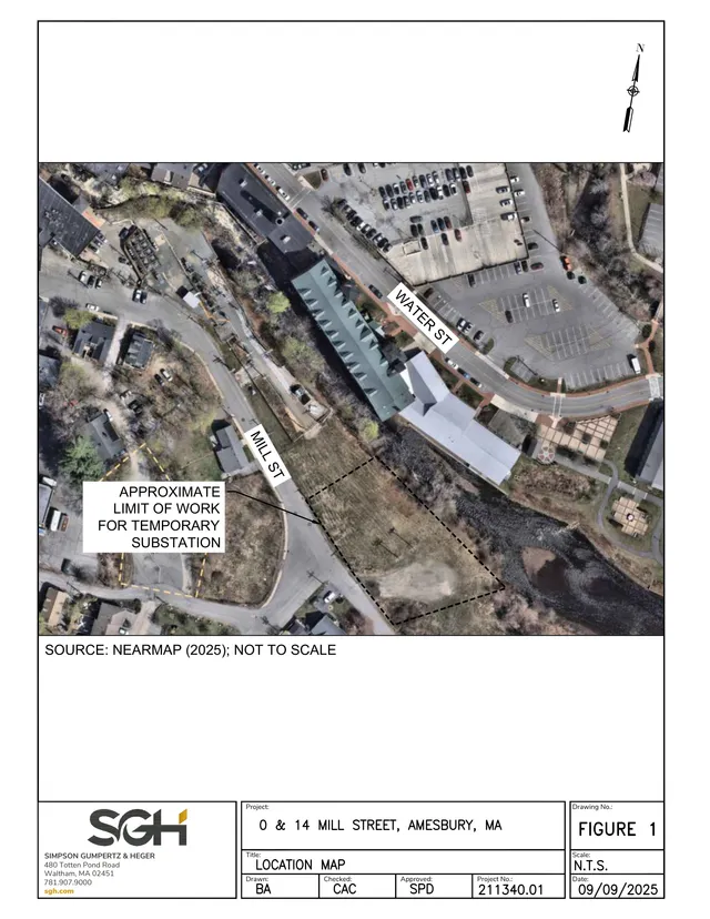 Annotated aerial location map of the 0 & 14 Mill Street project area in Amesbury, Massachusetts, with Water Street and Mill Street labeled, a north arrow, and a dashed approximate limit of work for a temporary substation.