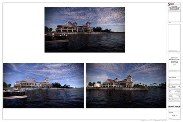 Architectural rendering sheet showing three exterior perspective views of the proposed Marina at Amesbury Point from the water, with the restaurant/marina building seen at different angles along the waterfront.
