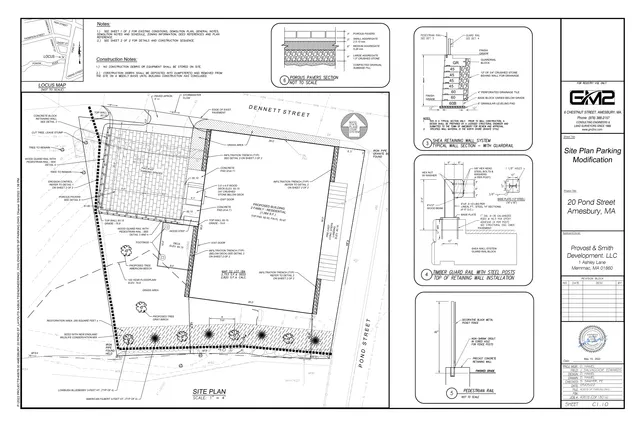 Site plan for the 20 Pond Street parking modification, showing the property layout, proposed building footprint, parking spaces, retaining walls, infiltration trenches, plantings, and frontage along Pond Street and Dennett Street. Detail diagrams on the right show wall, guardrail, and pedestrian rail construction sections.